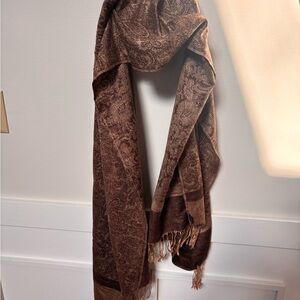 Elegant Brown Paisley Scarf made of a 55% acrylic and 45% viscose blend.